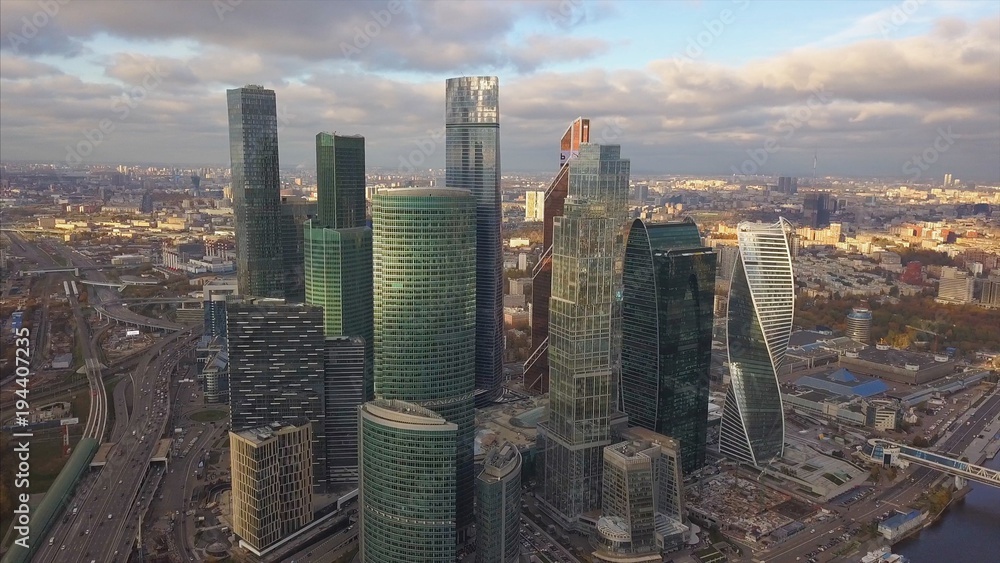 Moscow City skyscrapers, aerial view. Clip. Office business center of moscow city. Moscow-City buildings with sky, aerial view