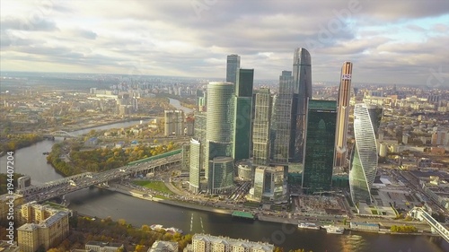 Moscow City skyscrapers, aerial view. Clip. Office business center of moscow city. Moscow-City buildings with sky, aerial view