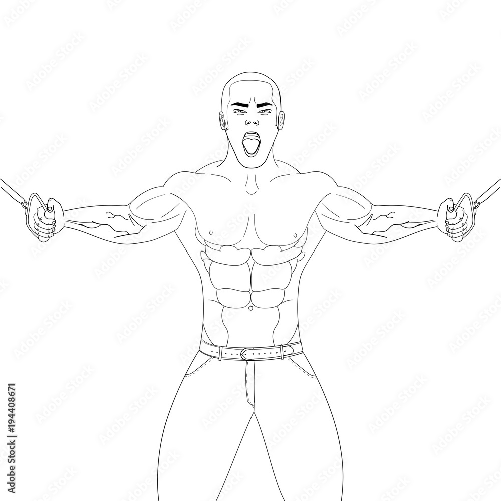 Fototapeta premium Bodybuilder in the gym. Athlete pulls weight. Vector object on a white background. Coloring book