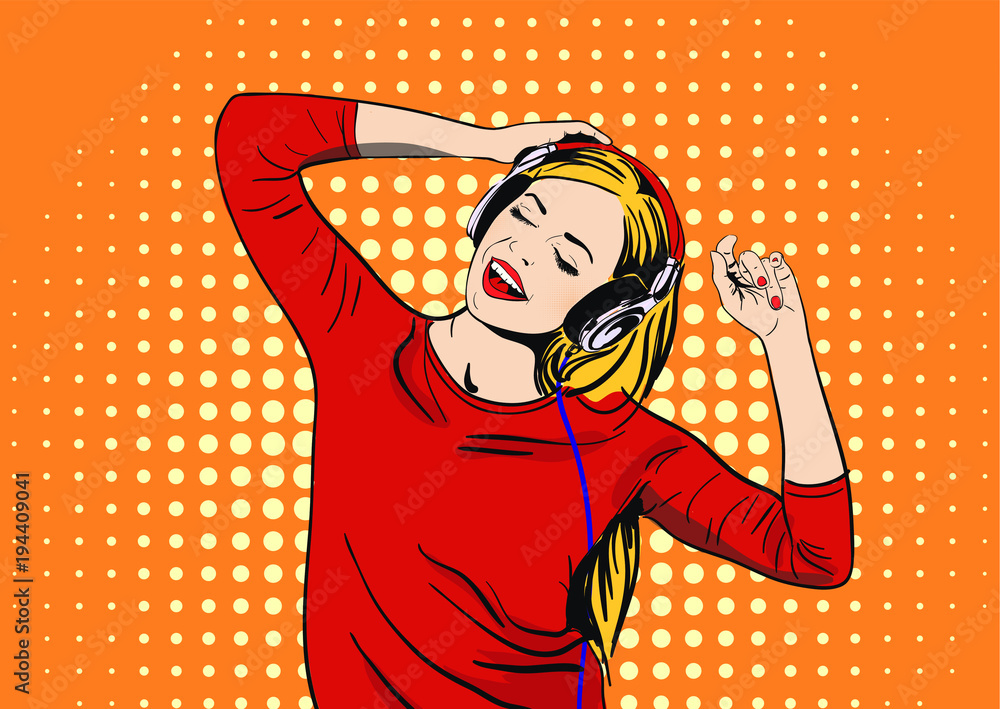 Pop art girl listens to music on headphones and sings. Beautiful girl with  headphones. The pleasure of music. Stock Vector | Adobe Stock