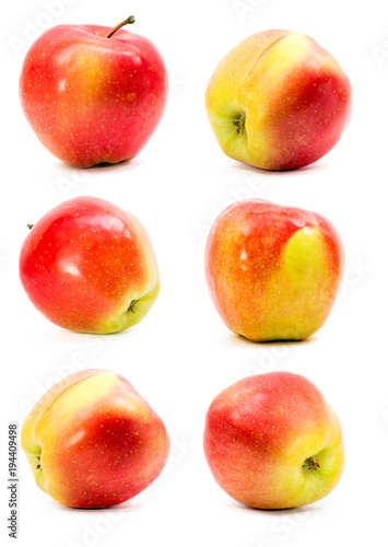 Set of six Red apples closeup isolated on white background. Juicy fruit. Healthy food. Vitamins.