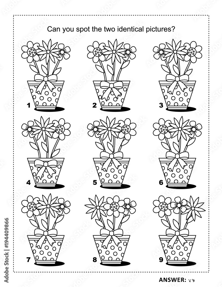 Puzzle and coloring page with flowers in dotted pots. Answer included. Puzzle and coloring page with flowers in dotted pots. Answer included.
