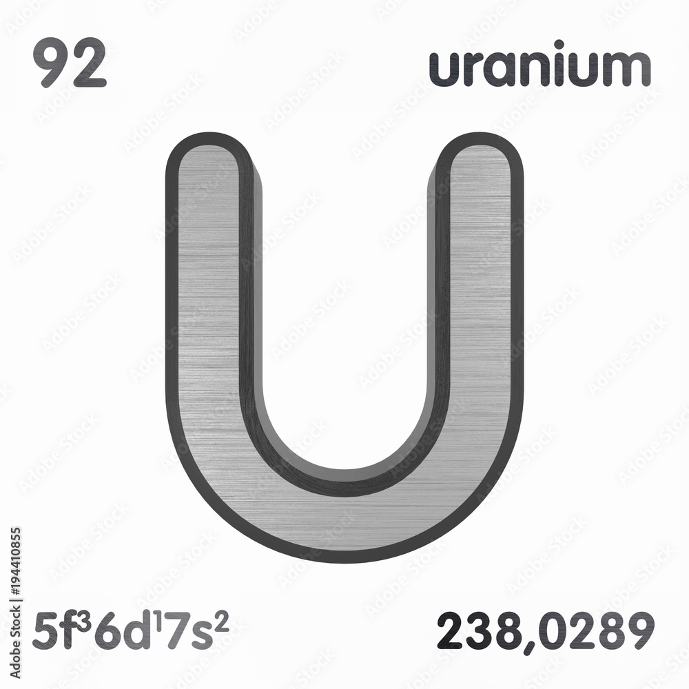 Uranium (U). Chemical element sign of periodic table of elements. 3D