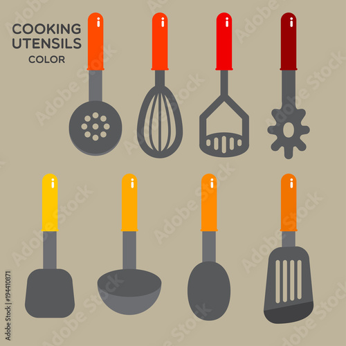COOKING UTENSILS COLOR
Hand held silicone cooking utensils with colorful handle, on light blue background. 