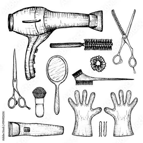 barber shop - set of 13 hand-drawn accessories
