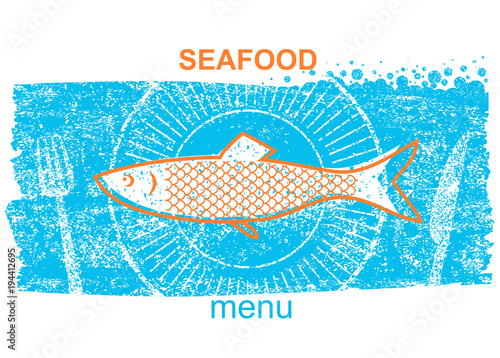 Fish label.Vintage style of menu on blue old paper background