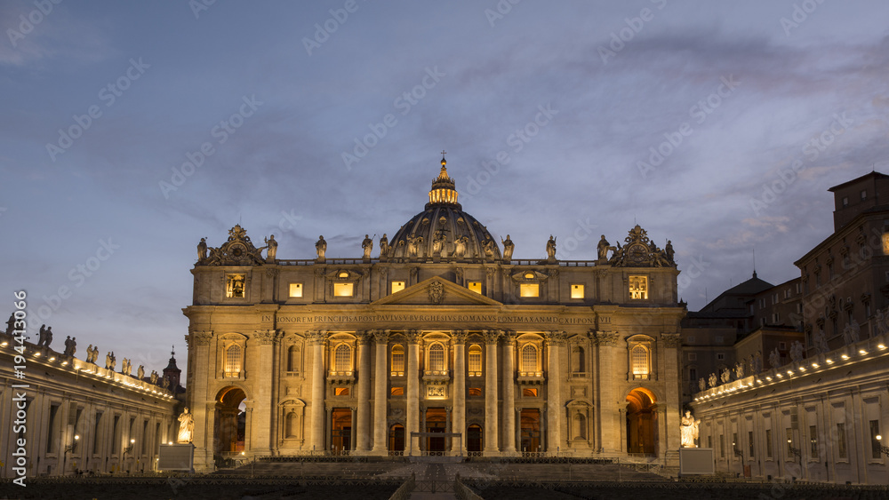 Facade of St. Peter's Basilica at night, Vatican city