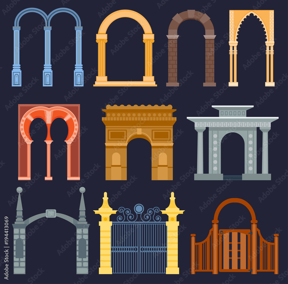 Fototapeta premium Arch gate vector house exterior design architecture construction frame classic, column structure gate door facade and gateway building ancient construction illustration. Traditional art frame doorway