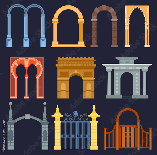 Arch gate vector house exterior design architecture construction frame classic, column structure gate door facade and gateway building ancient construction illustration. Traditional art frame doorway