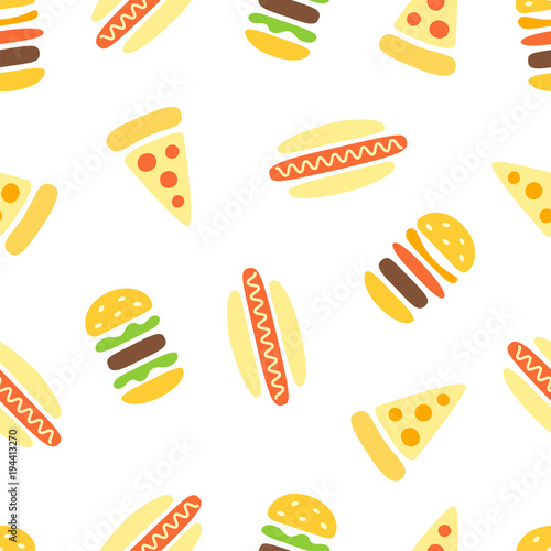Junk food: pizza, burger and hot dog vector seamless pattern. Fast food print. Hand drawn illustration.