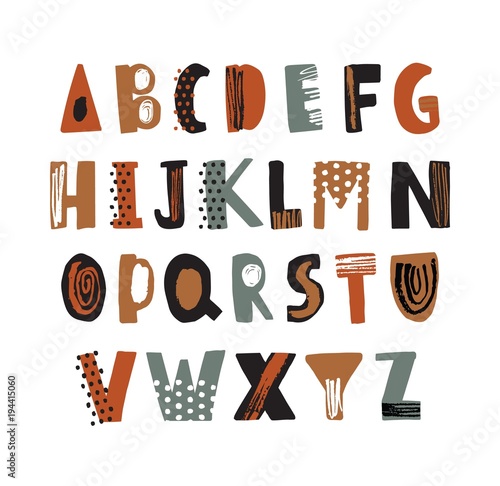 Trendy latin font or decorative english alphabet hand drawn on white background. Creative textured letters arranged in alphabetical order. Modern typeface with dots and scribbles. Vector illustration.