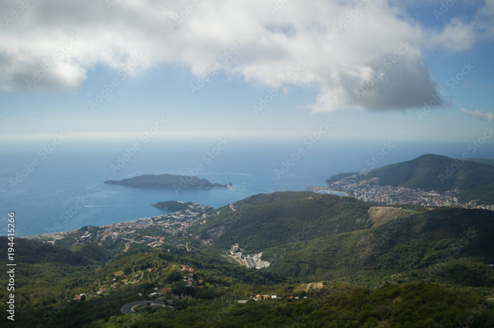 Panorama of Budva Riviera seen from Sveti Stefan Lookout Point during Sunset, Montenegro