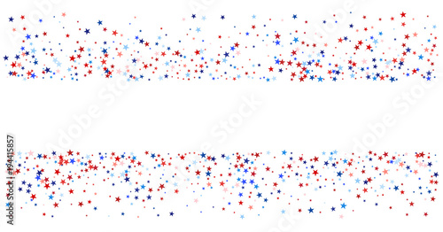 USA, UK, Australia State Symbols and Flag Coloured Star Confetti. 4th of July, Independence, Labor Day, Memorial Day Patriotic Pattern. American Flag, Impeach Red, Blue, White Stars Confetti Pattern