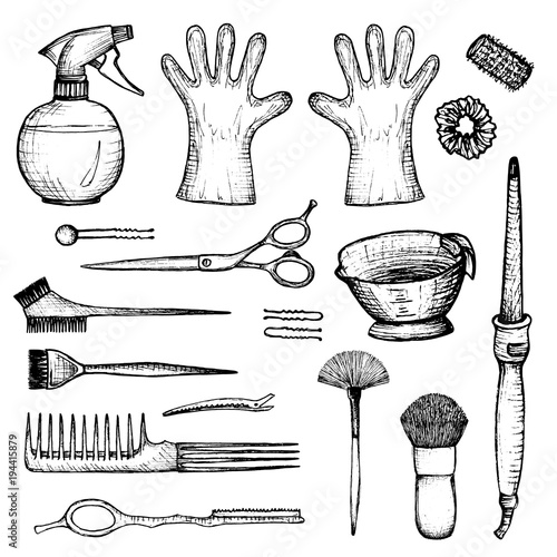 barber shop - set of 18 hand-drawn accessories