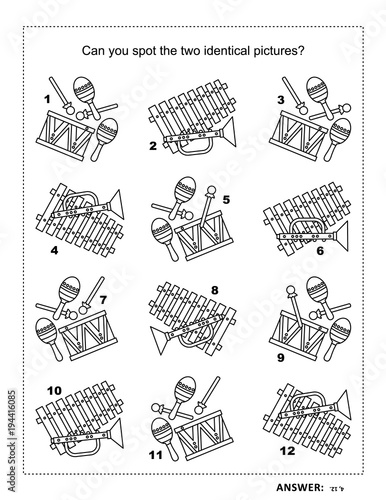IQ training find the two identical pictures with toy musical instruments visual puzzle and coloring page. Answer included.
