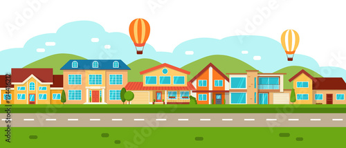 Vector suburban cottage private houses, street view
