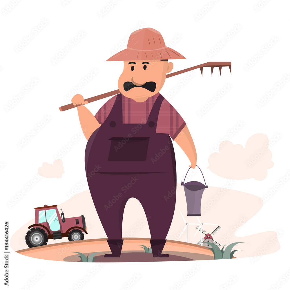 Obraz premium cute farmer cartoon with tractor at his eco organic farm food