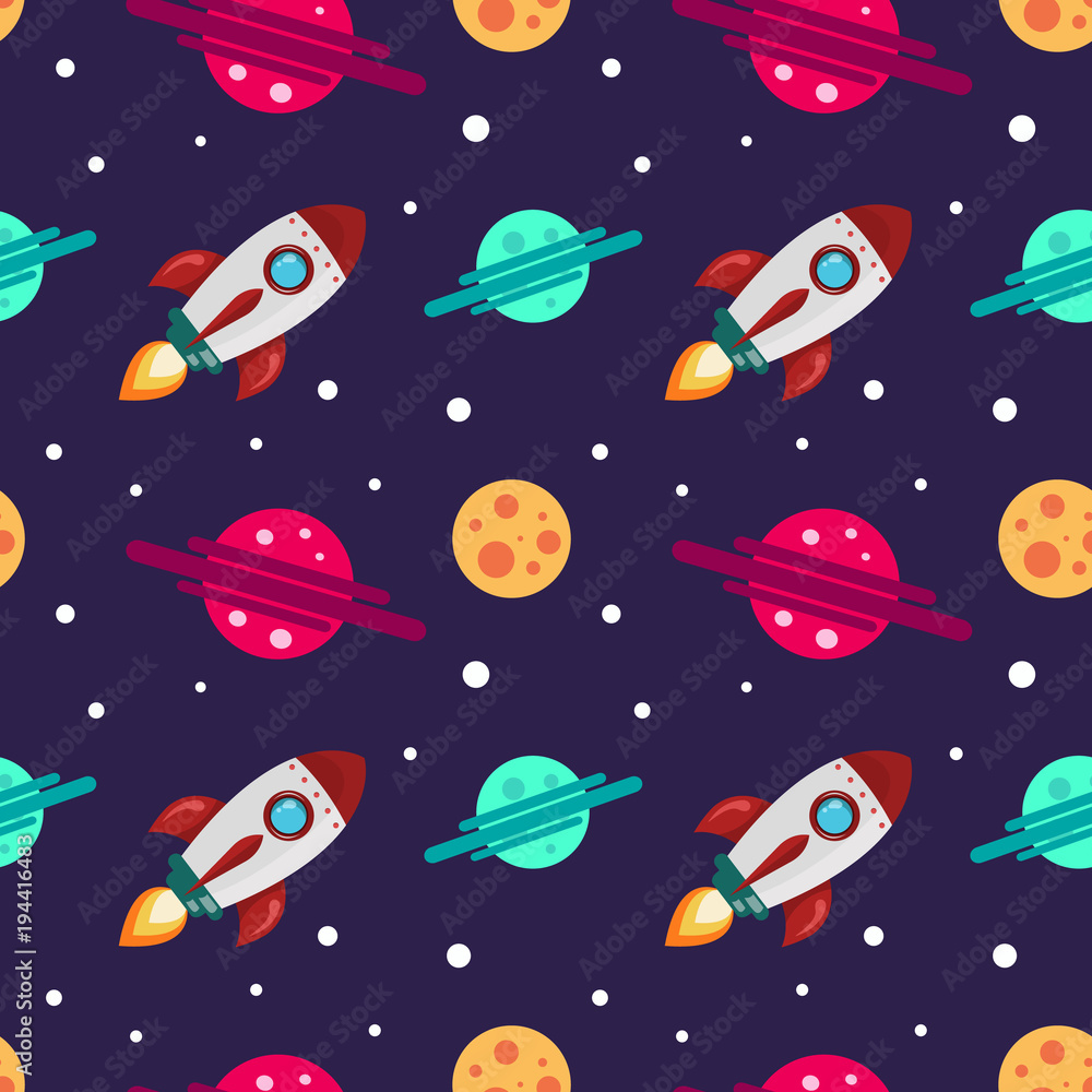 Seamless pattern on the theme of space. Cosmic objects set of various planets, rocket, stars and asteroids. Vector illustration on dark background. Seamless pattern on the theme of space. Cosmic objects set of various planets, rocket, stars and asteroids. Vector illustration on dark background.