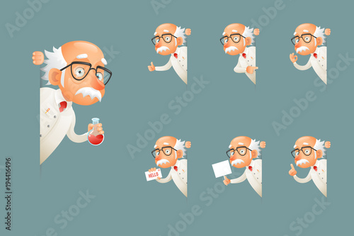 Adult Scientist Character Old Grandfather Wise Look Out Corner Icons Set Cartoon Design Vector Illustration