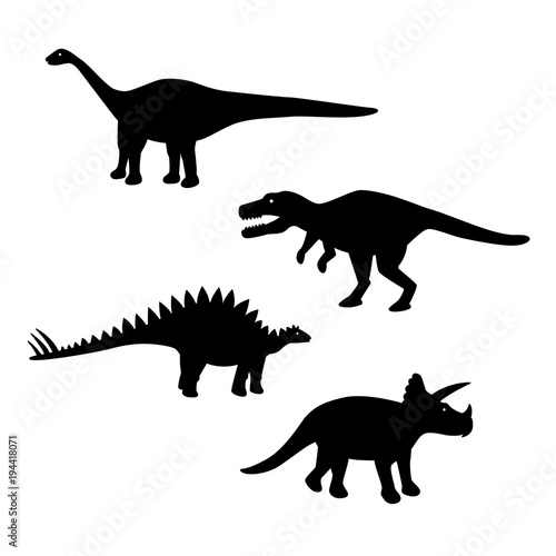 Silhouette Apatosaurus, Stegosaurus, Tyrannosaurus and Triceratops. Black Dinosaurs isolated