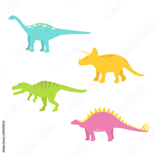 Blue Apatosaurus  Orange Triceratops  Green Tyrannosaurus and Pink Stegosaurus. Dinosaurs icon. Vector illustration. Isolated on white background