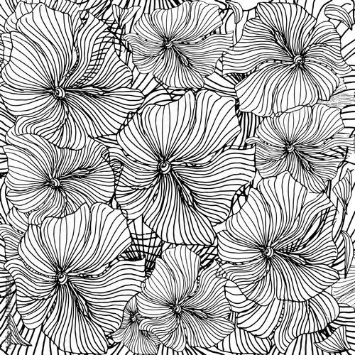 Black and white pattern of flowers in stripes. Floral design.