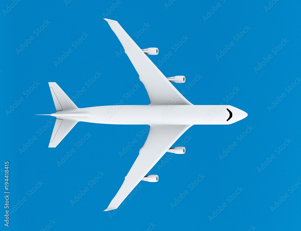 white airplane on a blue background, top view 3d render