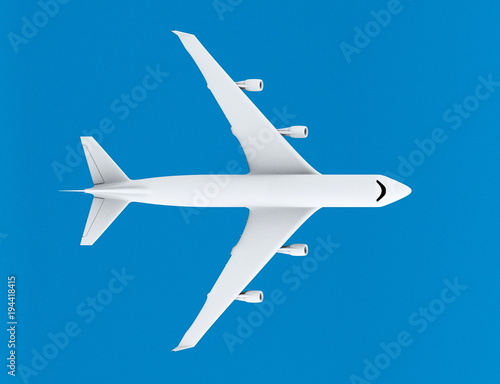 white airplane on a blue background, top view 3d render