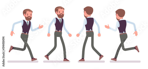 Handsome male office employee walking, running