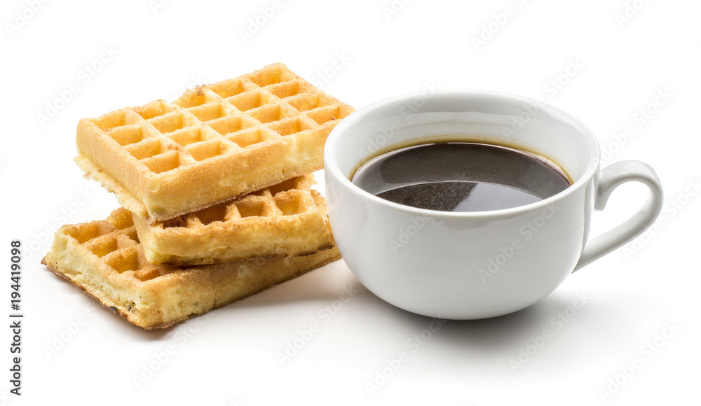 Three traditional waffle (Belgian) with a cup of coffee without milk isolated on white background sweet delicate and airy delicious breakfast. Three traditional waffle (Belgian) with a cup of coffee without milk isolated on white background sweet delicate and airy delicious breakfast.