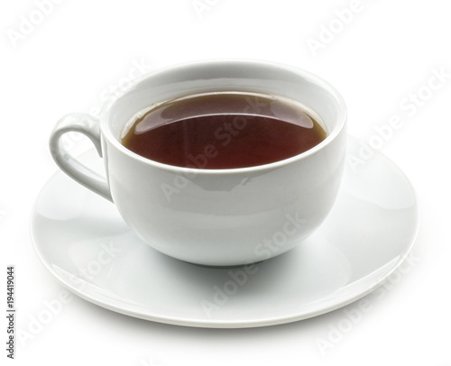 One cup of black tea with a saucer isolated on white background breakfast time.