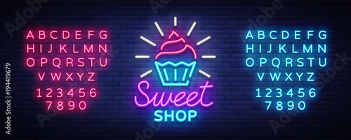 Sweet Shop logo is neon style. Candy Shop neon sign, banner light, bright neon night sweets advertising. Design template for your projects. Vector illustration. Editing text neon sign