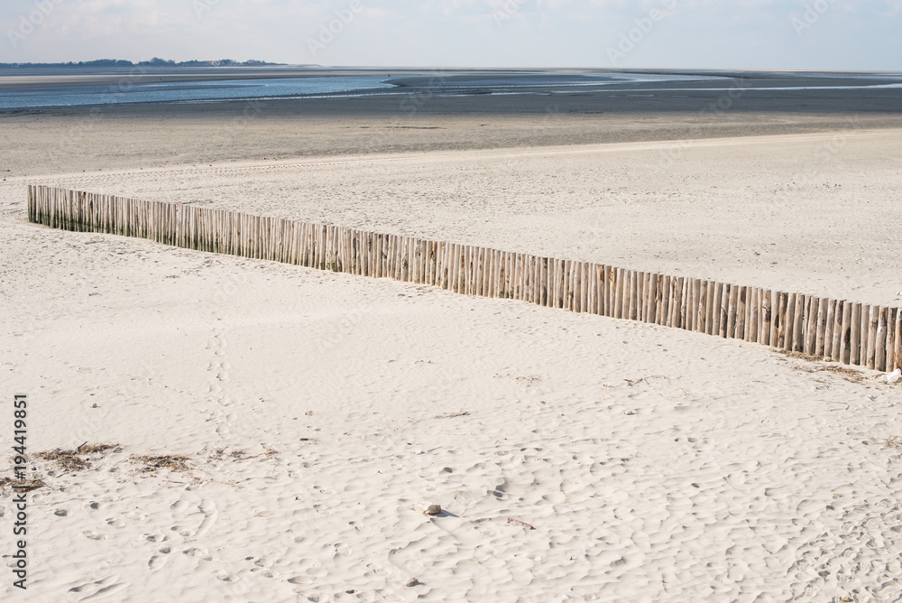 Lined up wooden poles on empty sandy beach