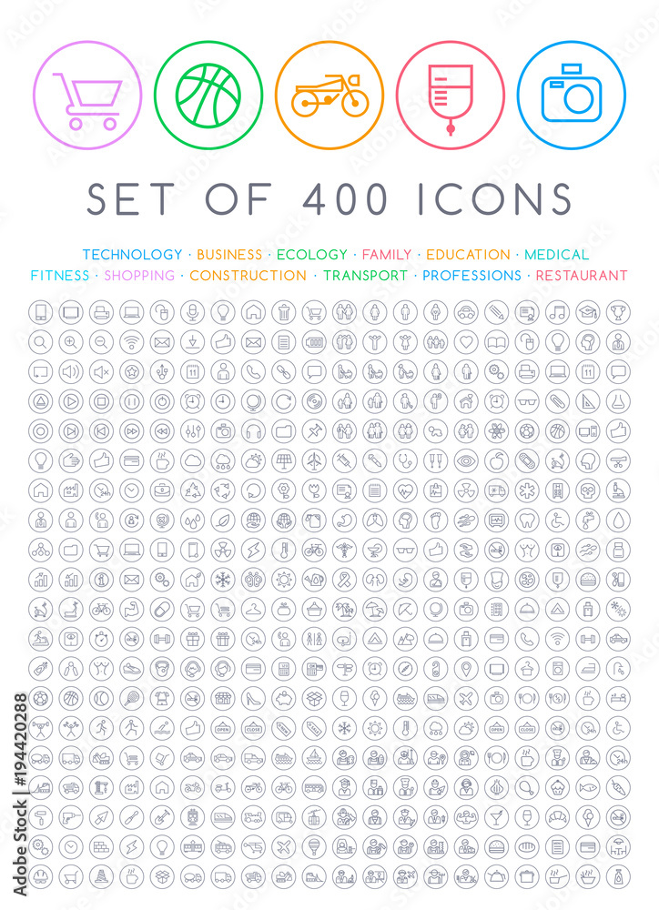 400 Universal Thin Line Black Icons on Circular Buttons ( Business , Multimedia, Education, Ecology, Medical, Fitness, Family, Construction, Transport, Professions, Travel, Restaurant, Hotel ) 400 Universal Thin Line Black Icons on Circular Buttons ( Business , Multimedia, Education, Ecology, Medical, Fitness, Family, Construction, Transport, Professions, Travel, Restaurant, Hotel )