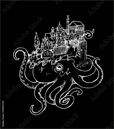 Illustration of an octopus with an old city. Black and white drawing. Chalk on a blackboard.