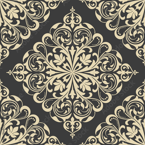 Wallpaper in the style of Baroque. A seamless vector background. Black and gold floral ornament. Graphic vector pattern