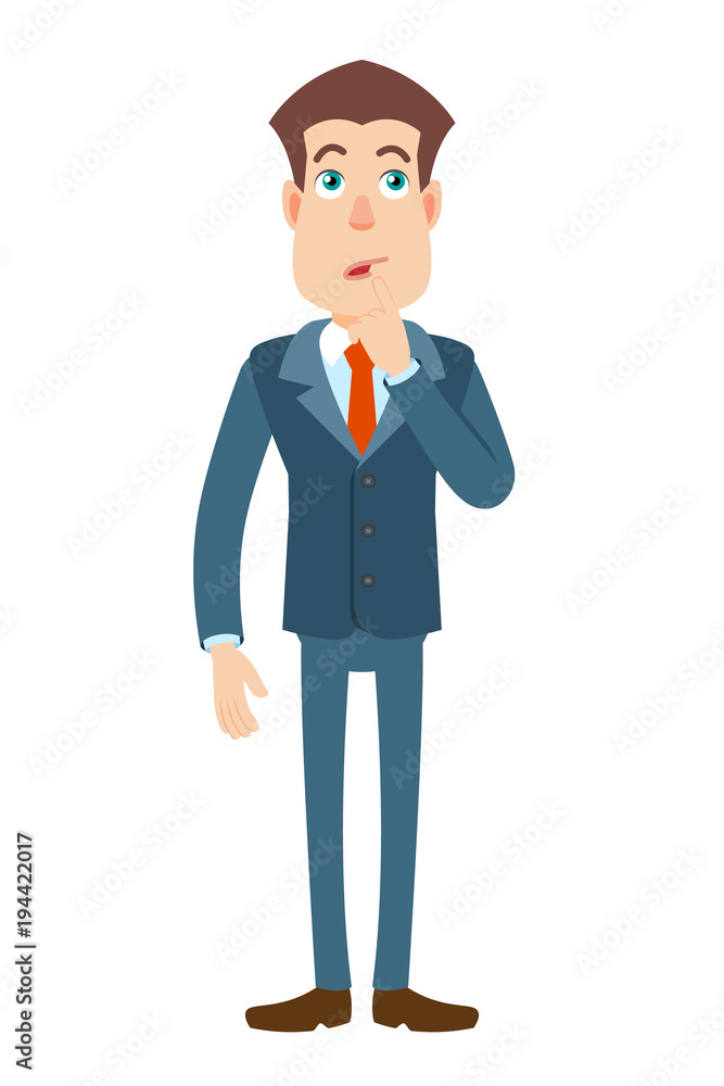 Thoughtful Businessman standing with his finger to his lips Thoughtful Businessman standing with his finger to his lips