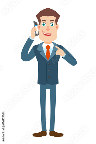 Businessman pointing his finger at the mobile phone that he talks