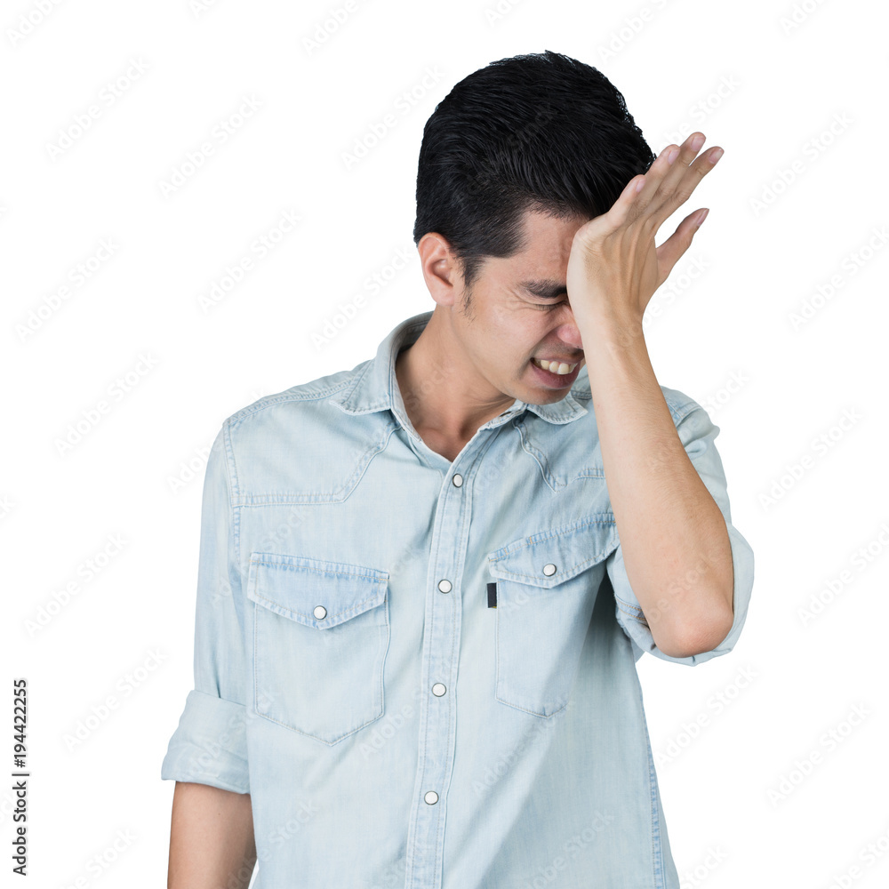 Portrait Handsome young asian man wearing a blue jean shirt stress isolated on white background. Businessman concept. Asia people. Portrait Handsome young asian man wearing a blue jean shirt stress isolated on white background. Businessman concept. Asia people.