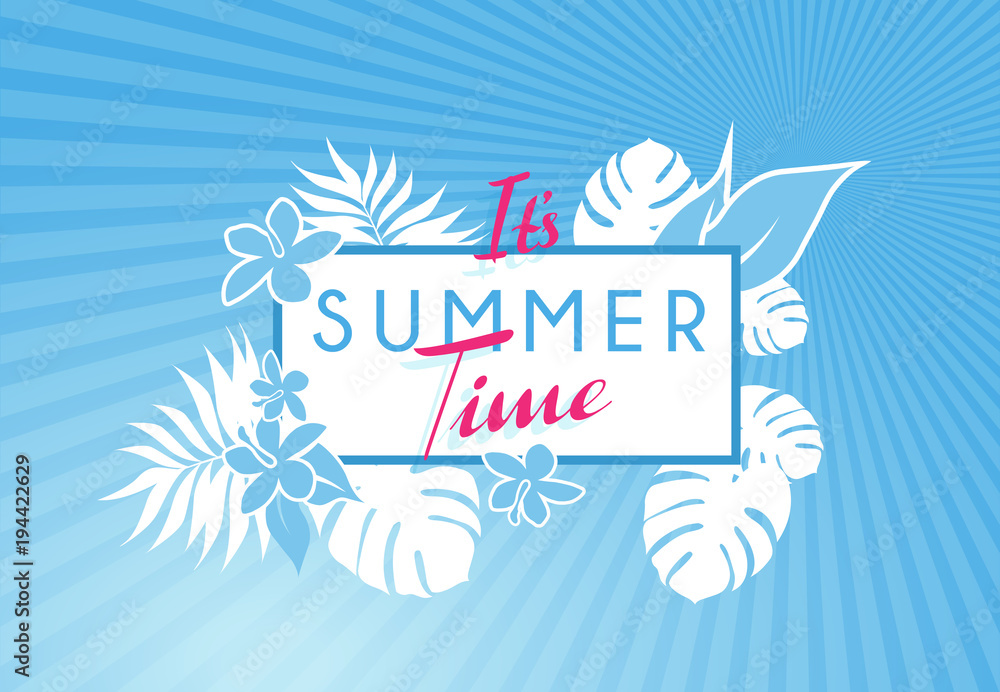 Summer time colorful banner with tropical flowers and leafs.