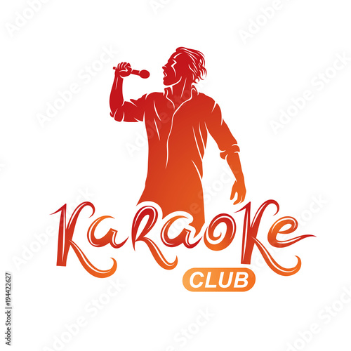 Man sings karaoke, karaoke club emcee show advertising vector emblem composed with microphone audio equipment and musical notes.