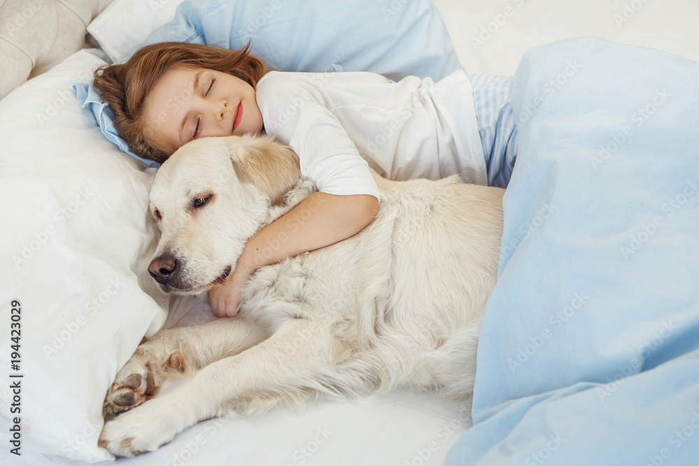 Beautiful little girl with golden retriever dog in a bed Beautiful little girl with golden retriever dog in a bed
