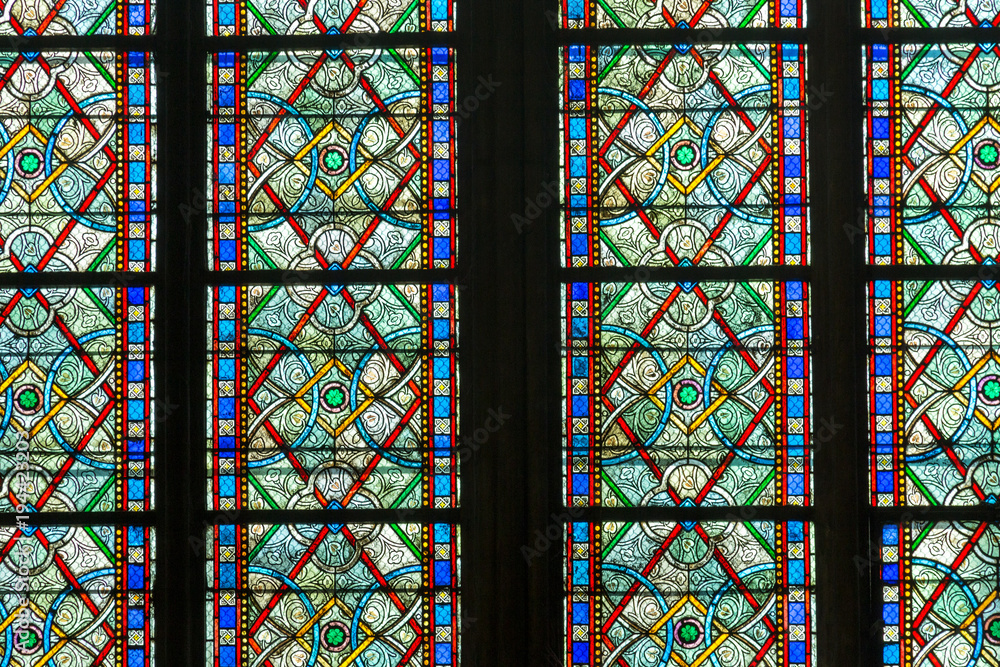 stained glass window in Notre dame cathedral, Paris