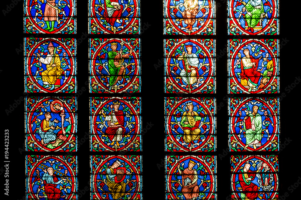 stained glass window in Notre dame cathedral, Paris