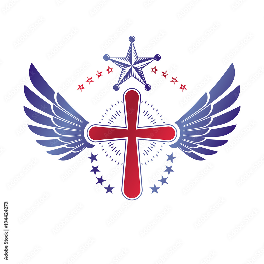 Cross of Christianity graphic winged emblem, the faith is free. Heraldic vector design element. Retro style label, religious insignia decorated with bird wings and pentagonal star. Cross of Christianity graphic winged emblem, the faith is free. Heraldic vector design element. Retro style label, religious insignia decorated with bird wings and pentagonal star.