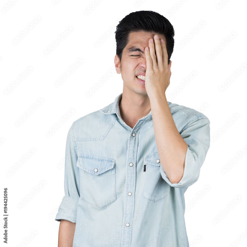 Portrait Handsome young asian man wearing a blue jean shirt stress isolated on white background. Businessman concept. Asia people. Portrait Handsome young asian man wearing a blue jean shirt stress isolated on white background. Businessman concept. Asia people.