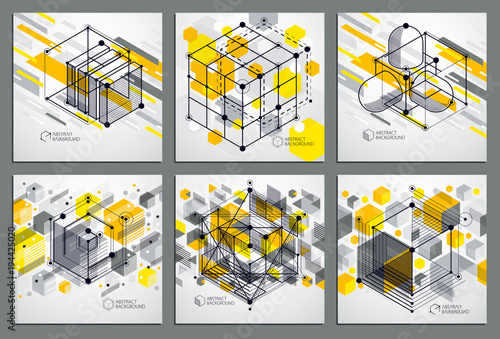 Isometric abstract yellow backgrounds set with linear dimensional cube shapes, vector 3d mesh elements. Layout of cubes, hexagons, squares, rectangles and different abstract elements.