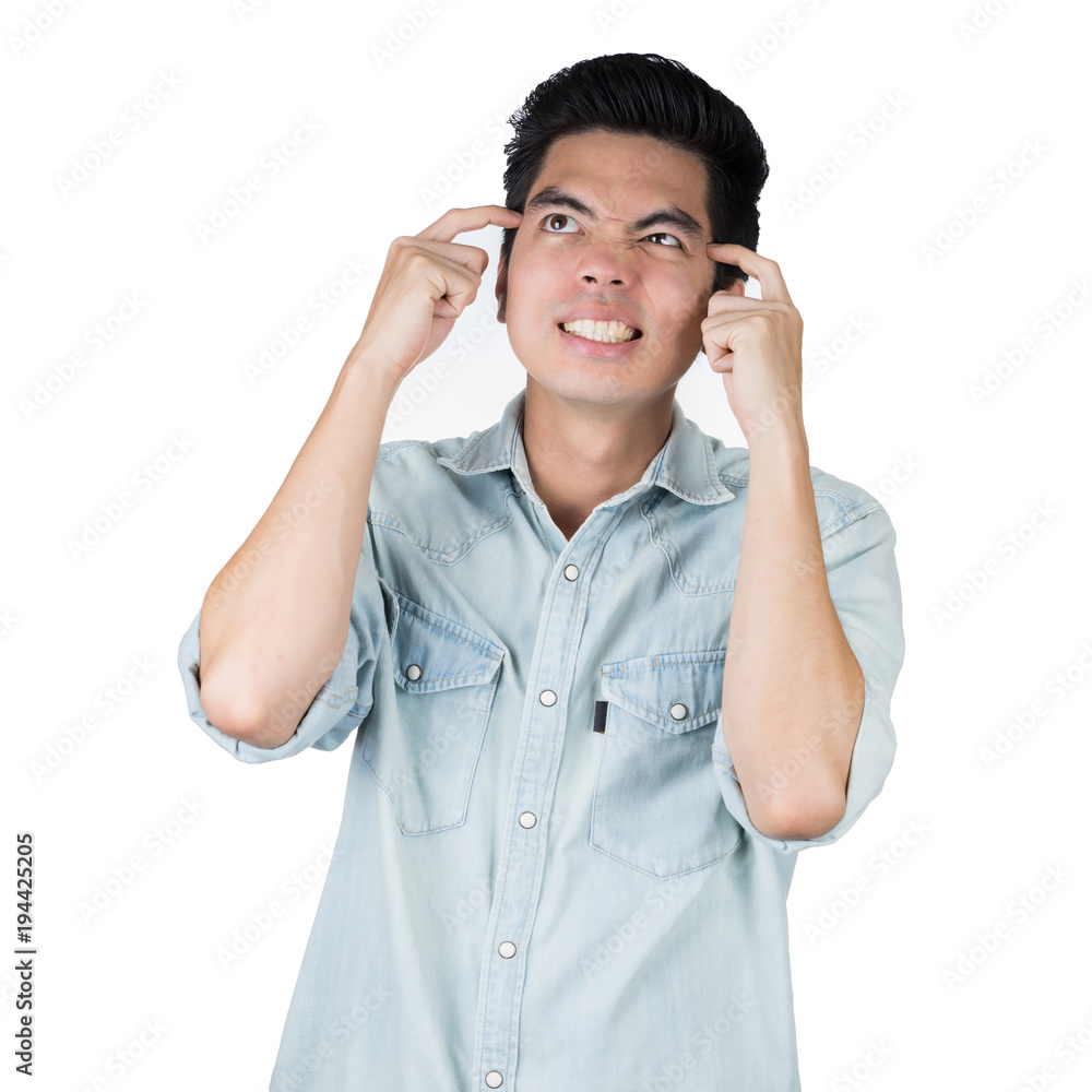 Portrait Handsome young asian man wearing a blue jean shirt thinking and stress isolated on white background. Businessman concept. Asia people. Portrait Handsome young asian man wearing a blue jean shirt thinking and stress isolated on white background. Businessman concept. Asia people.