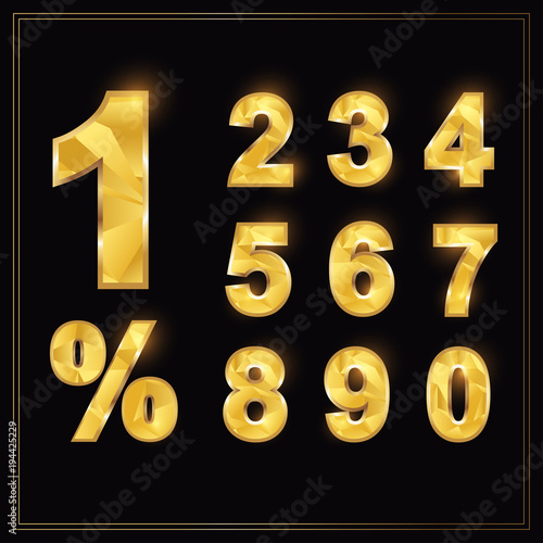 Numbers gold set in luxury style.0-9.Numbers.0-9 Number.0,1,2,3,4,5,6,7,8,9,%.Vector Low polygonal numbers.Modern polygonal crystal style. Vector gold number design.