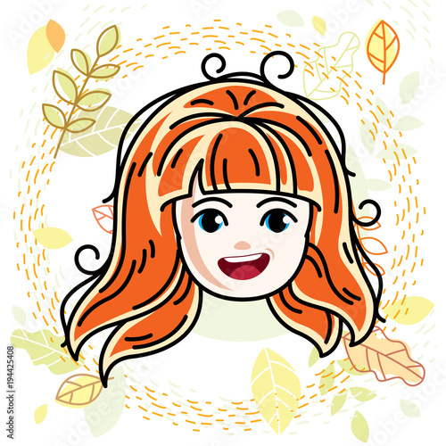 Cute girls face  human head. Vector redhead character  smiling girl face features.